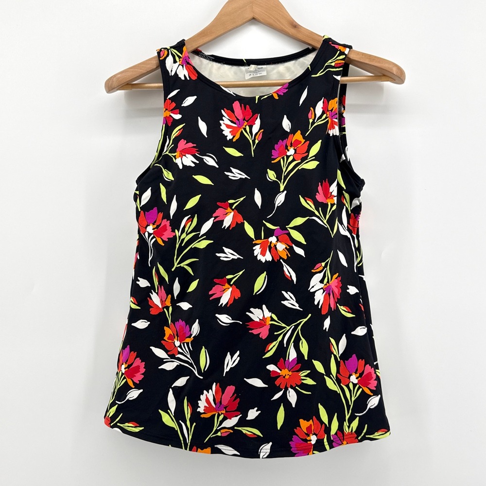 Lands' End High Neck Tankini Top 6L Tall‎ Floral Black Pink Modest UPF 50 504519